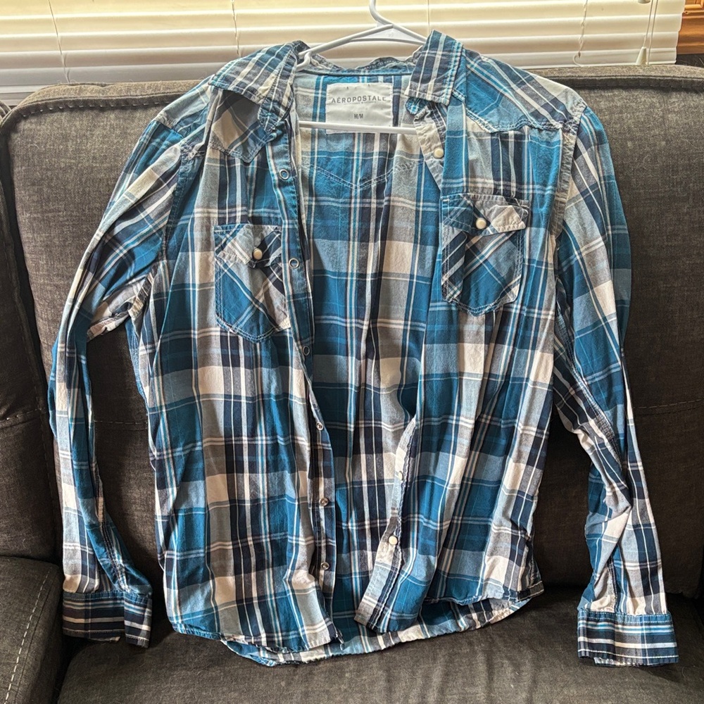 Aeropostale Blue and White Plaid Casual Button Down Shirt